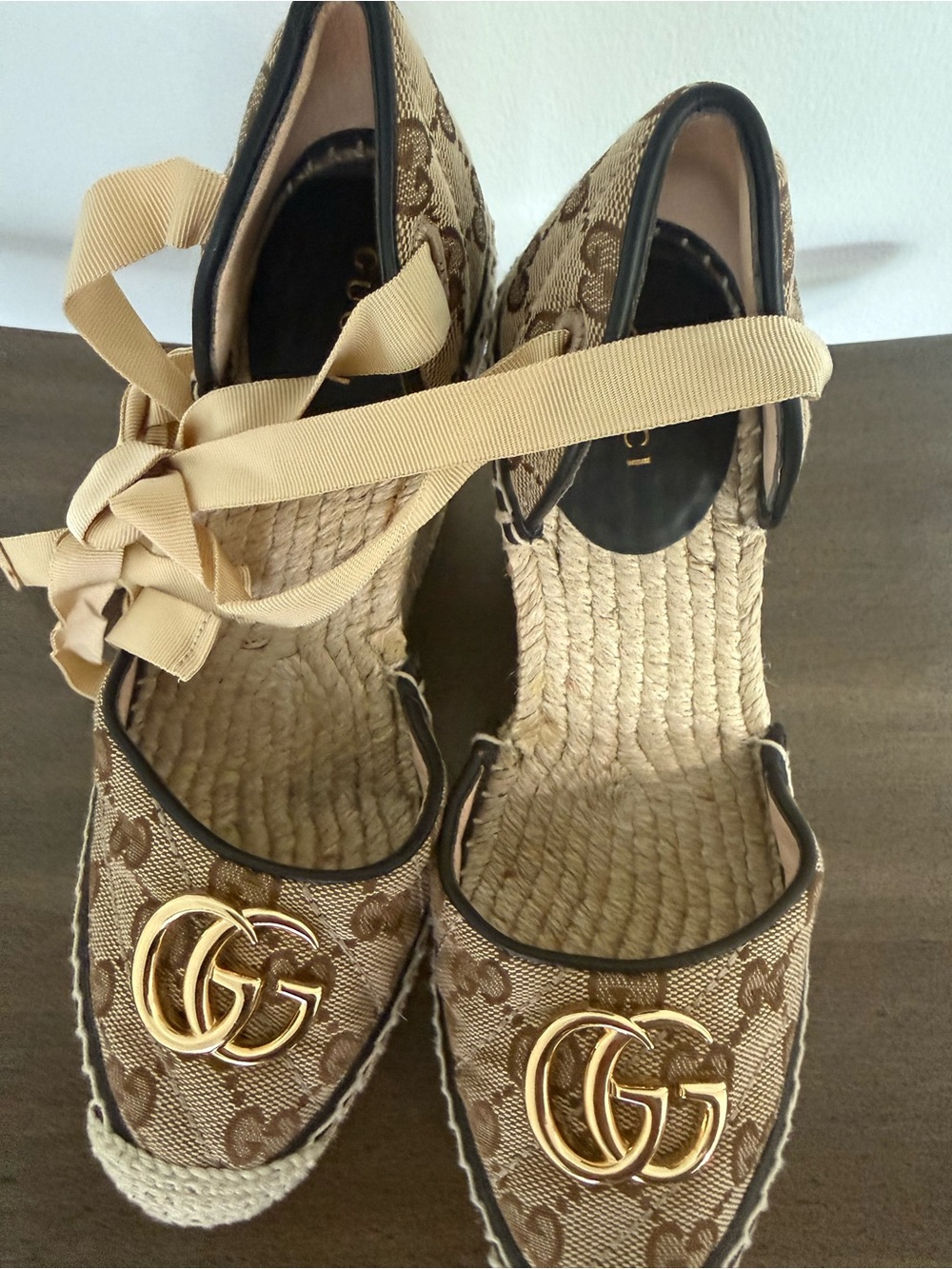 Gucci Beige Monogram Espadrille Wedge Sandals with Gold Logo - Picture 7 of 13